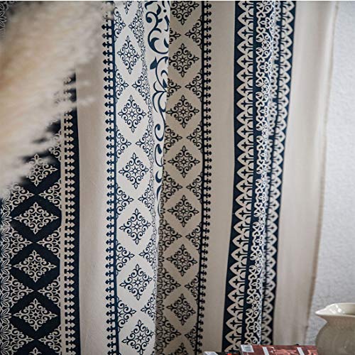 Jaijy Blue And White Porcelain Geometric Baroque Style Boho Farmhouse Window Panel Linen Cotton Semi Blackout Darkening Rod Pocket Kitchen Drape, 1 Panel, 59"X94" #TOP7