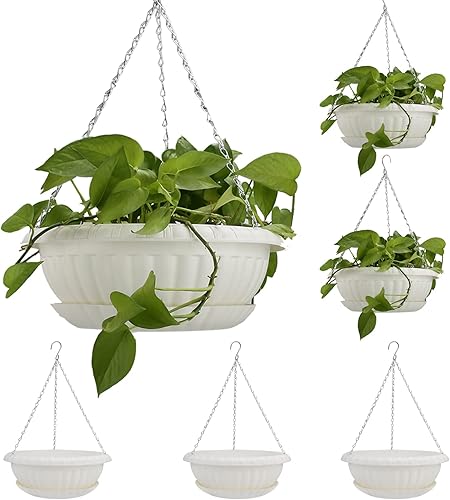 TITATI 6 macetas colgantes de 12.59 pulgadas para plantas al aire libre, macetas colgantes de interior con ganchos de bandeja de orificio de
