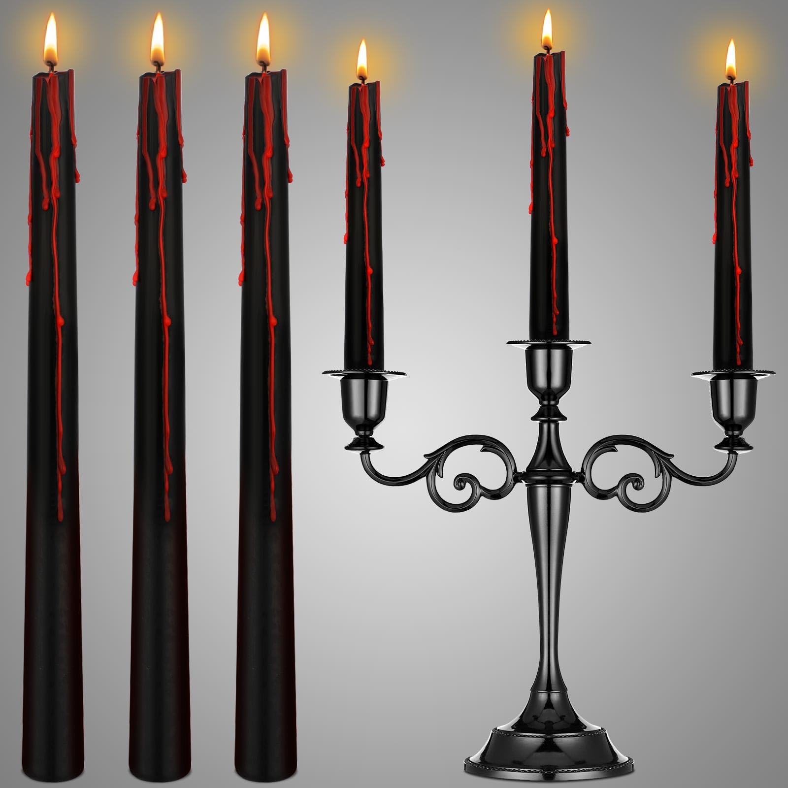 Teenyyou 6 Pcs Vampire Tears Black Bleeding Taper Candles with Holder Skull Gothic Decoration Halloween Black Tapered Tears Candles 10 Inch for Halloween(Taper)