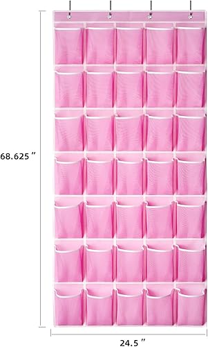 Miniatura 2 de Organizador de zapatos con 35 bolsillos sobre la puerta, organizador de zapatos colgante para puerta con 35 bolsillos de malla, bolsa de Rosa-1