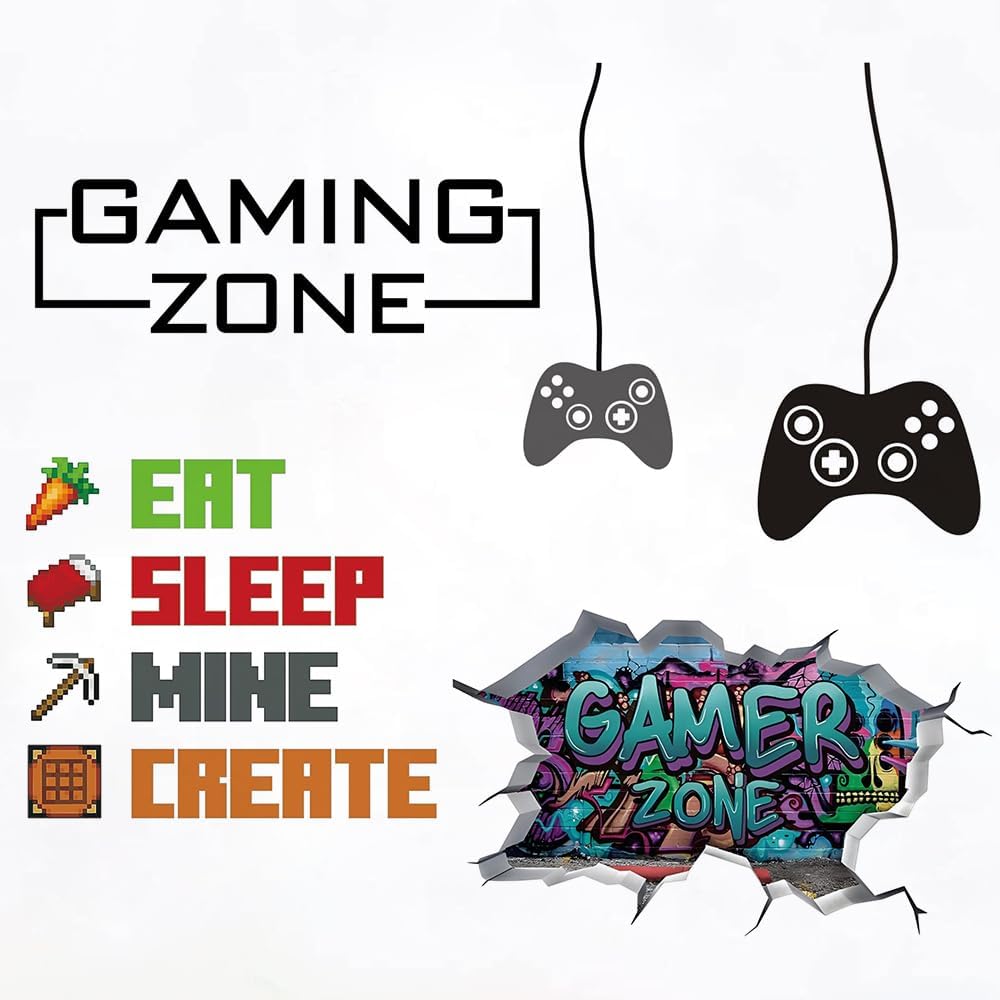 4PCS Eat Sleep Mine Create Quote Peel and Stick Wall Decal,Wall Stickers for Bedroom Playroom Gamer Decor