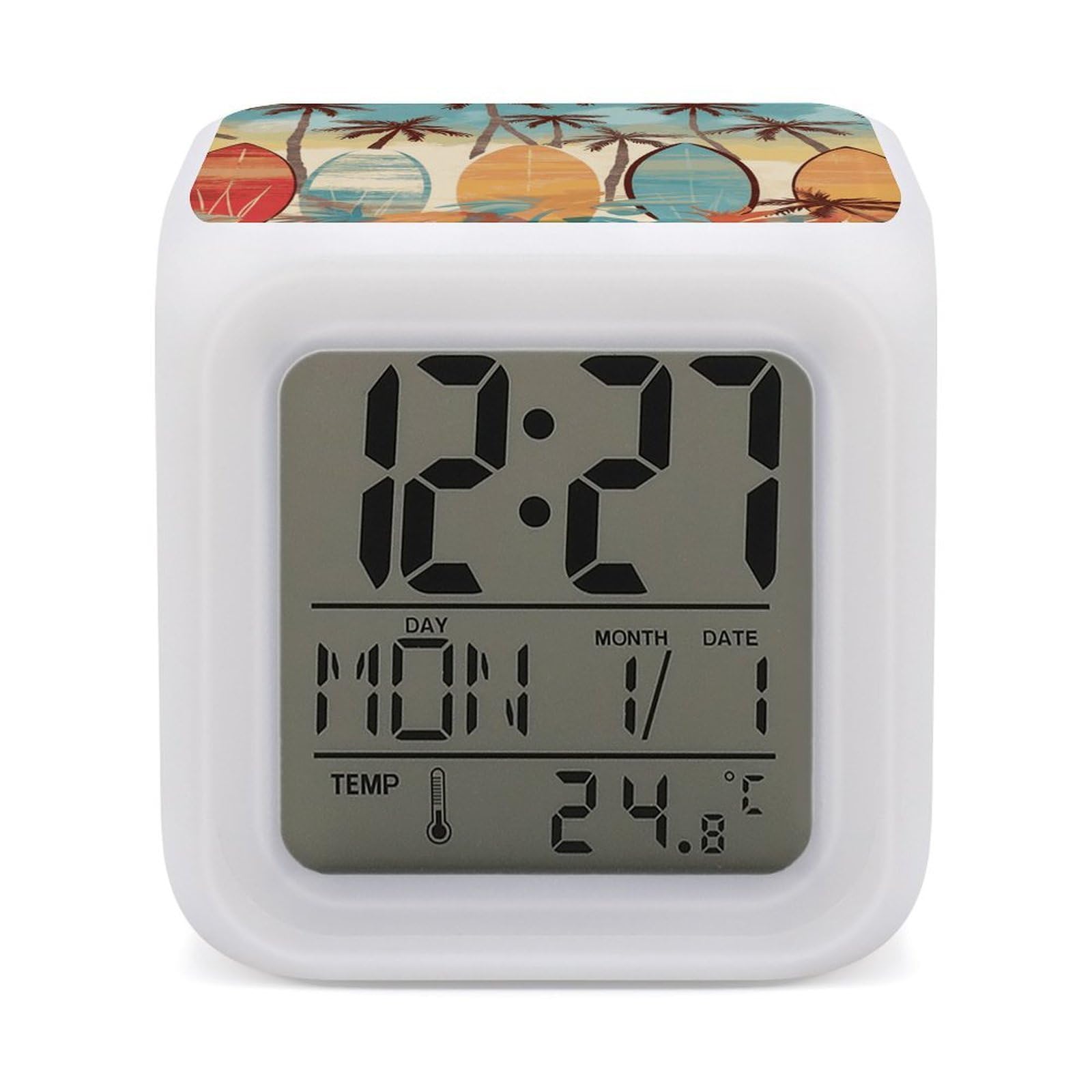 FekiLoot Surfboard Palm Tree Alarm Clock for Heavy Sleepers Small Digital Alarm Clock with Date Temperature Wake Up Digital Clocks with 7 Colors Changing Desk Clocks for Bedroom Bedside Nightstand
