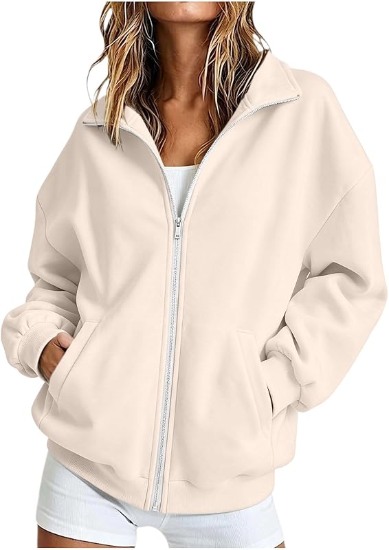 Womens Zip Up Sweatshirts Jackets Long Sleeve Casual Loose Outwear