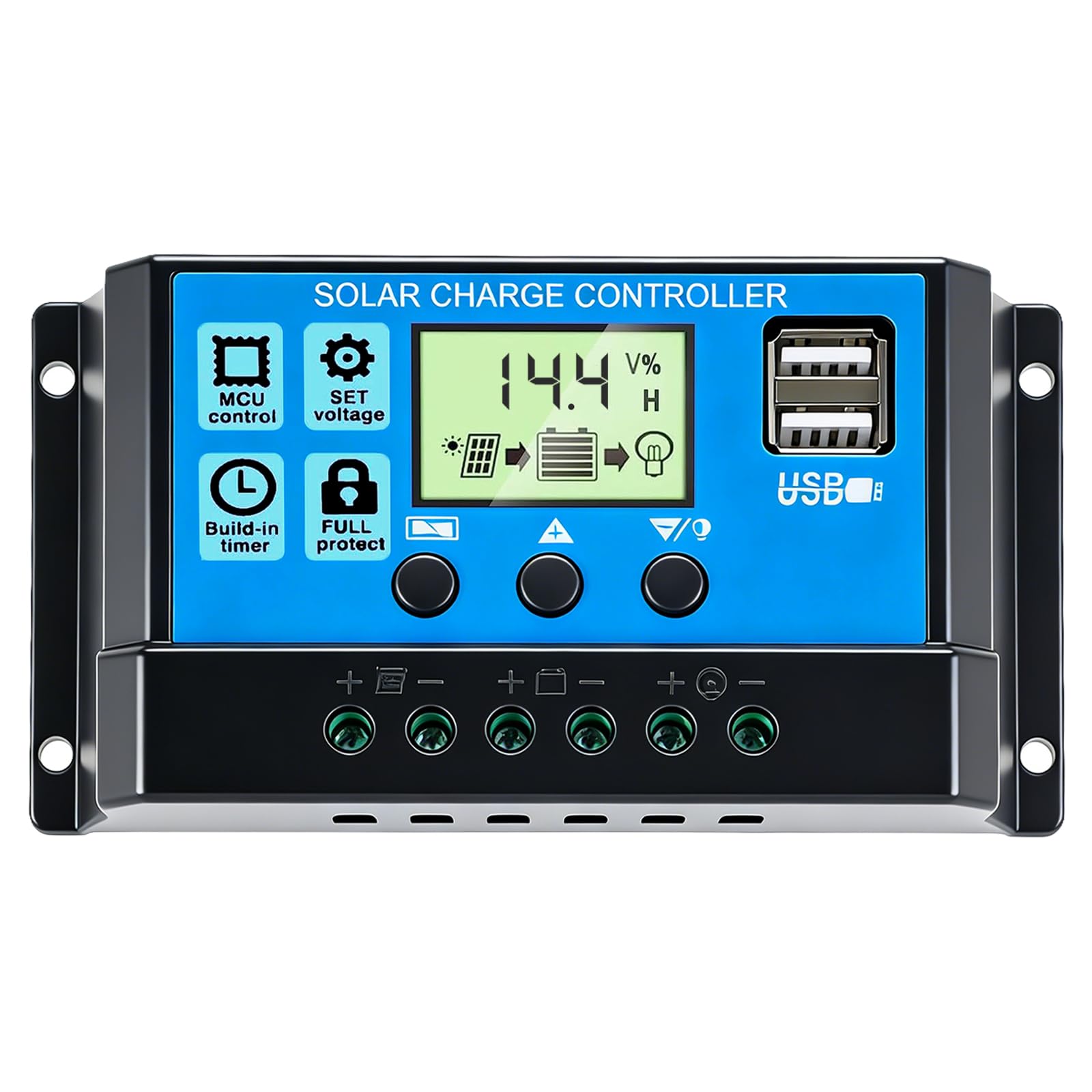 12V/24V 30A PWM Solar Charge Controller with Dual USB (Blue) | Smart Battery Controller, Solar Panel Regulator with LCD Display, Timer Setting ON/Off