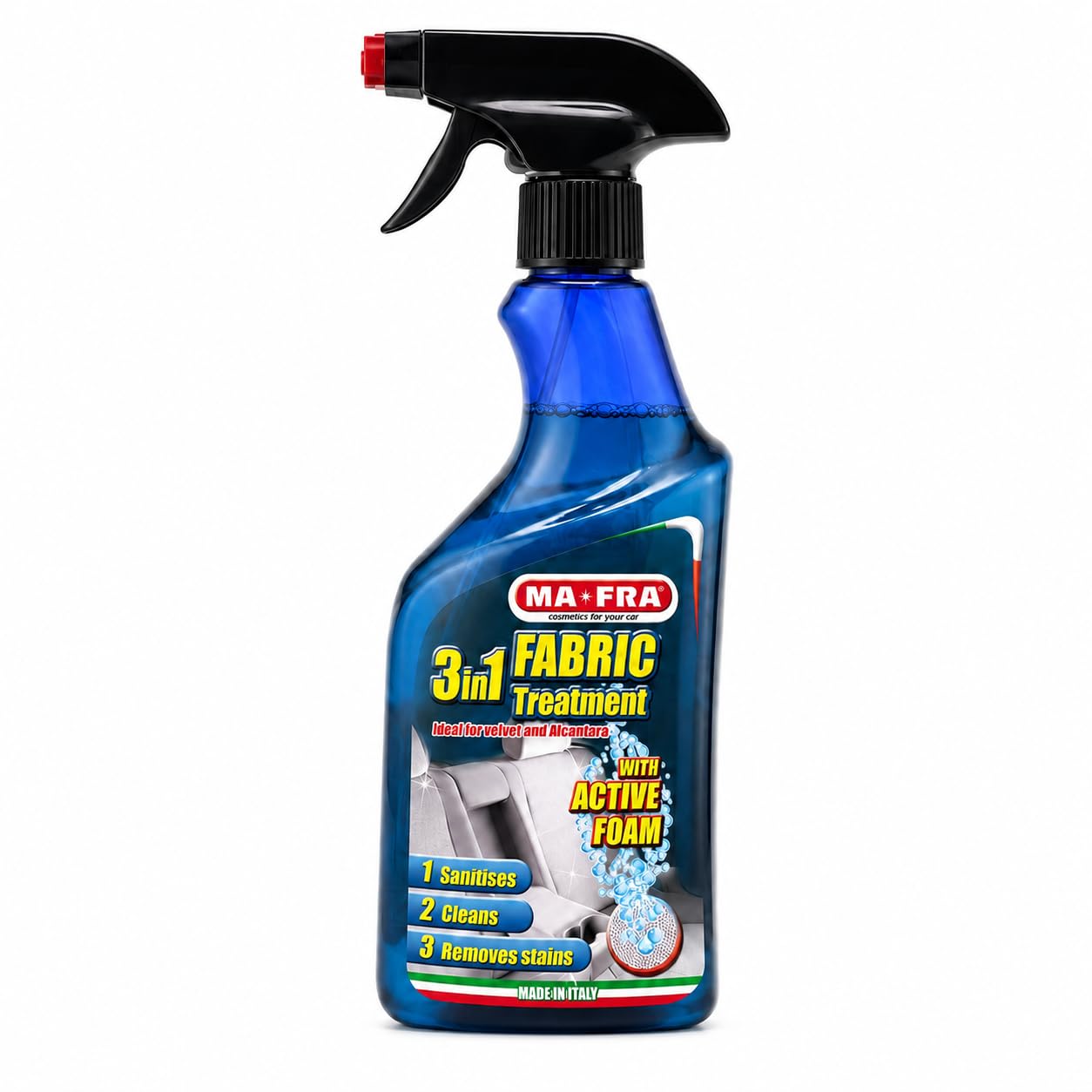 MaFra 3-in-1 Fabric Treatment 500ml- Car Interior Cleaner for Plastic, Leather, Vinyl & Rubber, Cleans & Removes Stains from Delicate Fabrics Such as Velvet, Ideal for Car Seats and Microfibre