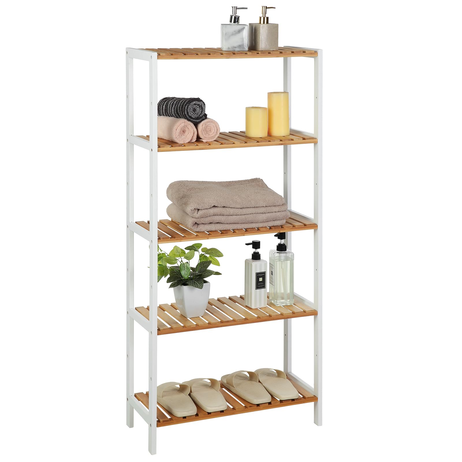 SONGMICS Bamboo Storage Shelf, 5-Tier Shelving Unit, Multifunctional, in the Hallway, Bathroom, Living Room, Balcony, Kitchen, 26 x 60 x 130 cm, White and Natural BCB35WN