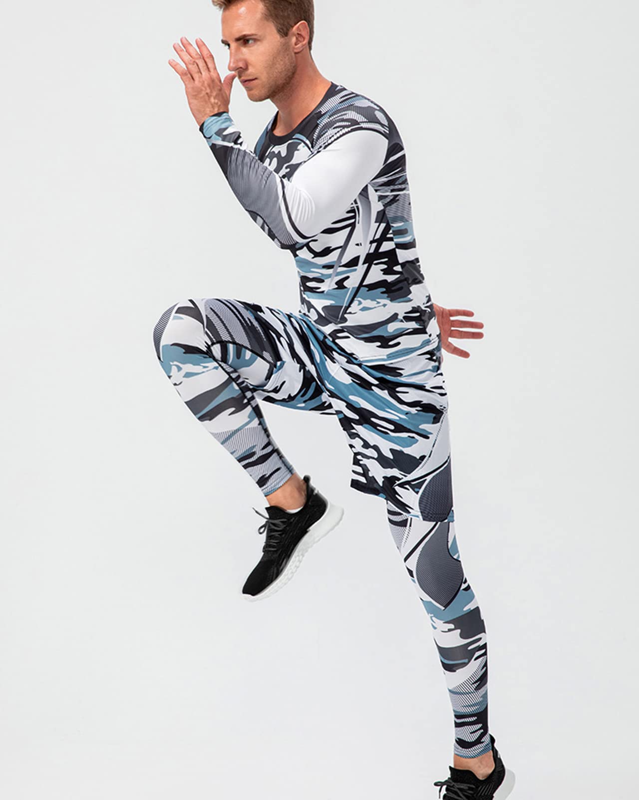 Uomo 3 Pezzi Completi Sportivi Abbigliamento Tuta da Fitness Manica Lunga Camicie a Compressione Pantaloni a Compressione Pantaloncini per Corsa Fitness Jogging Palestra Ciclismo