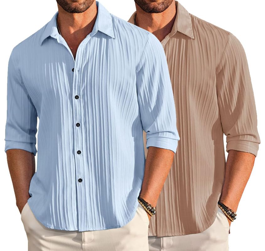 Image of DEELMO Combo of Men's Casual Button Down Shirts Long Sleeve Linen Shirt Fashion Textured Summer Shirts Pack of 2