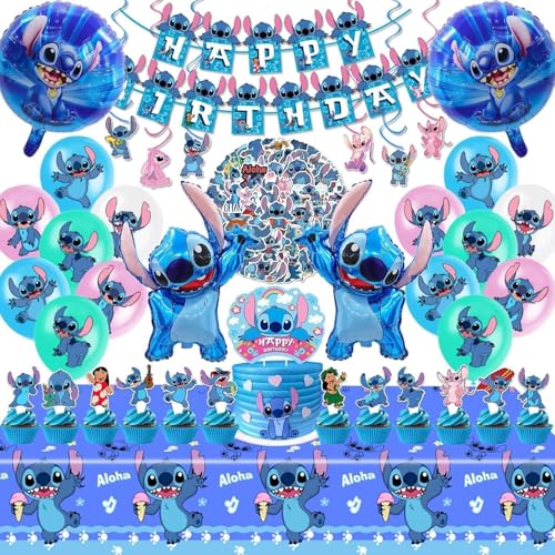 103PCS Stitch Party Supplies Birthday Decorations Set Include Banner Balloons Stickers Hanging Swirls Cake Cupcake Toppers Tablecloth for Boys Girls Stitch Theme Party