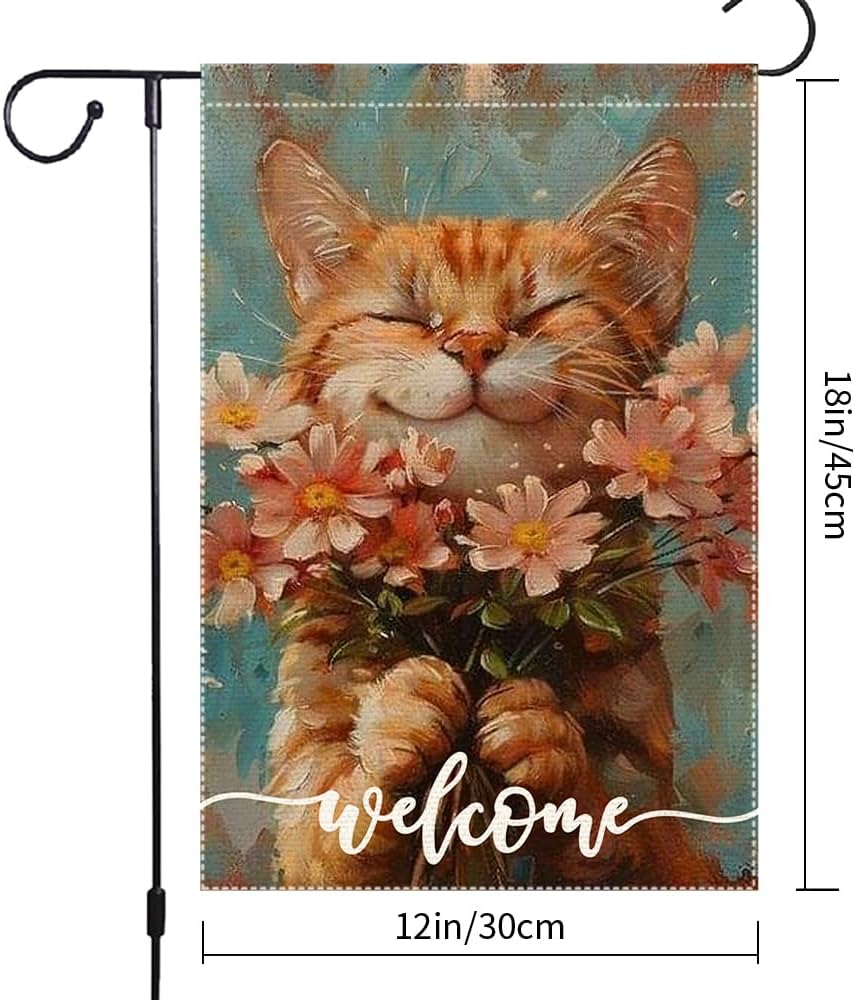 Welcome Spring Garden Flags Summer Cat Garden Flag 12x18 Inch Double Sided Colorful Floral Small Burlap Home Yard Lawn Holiday Decorations - Image 3