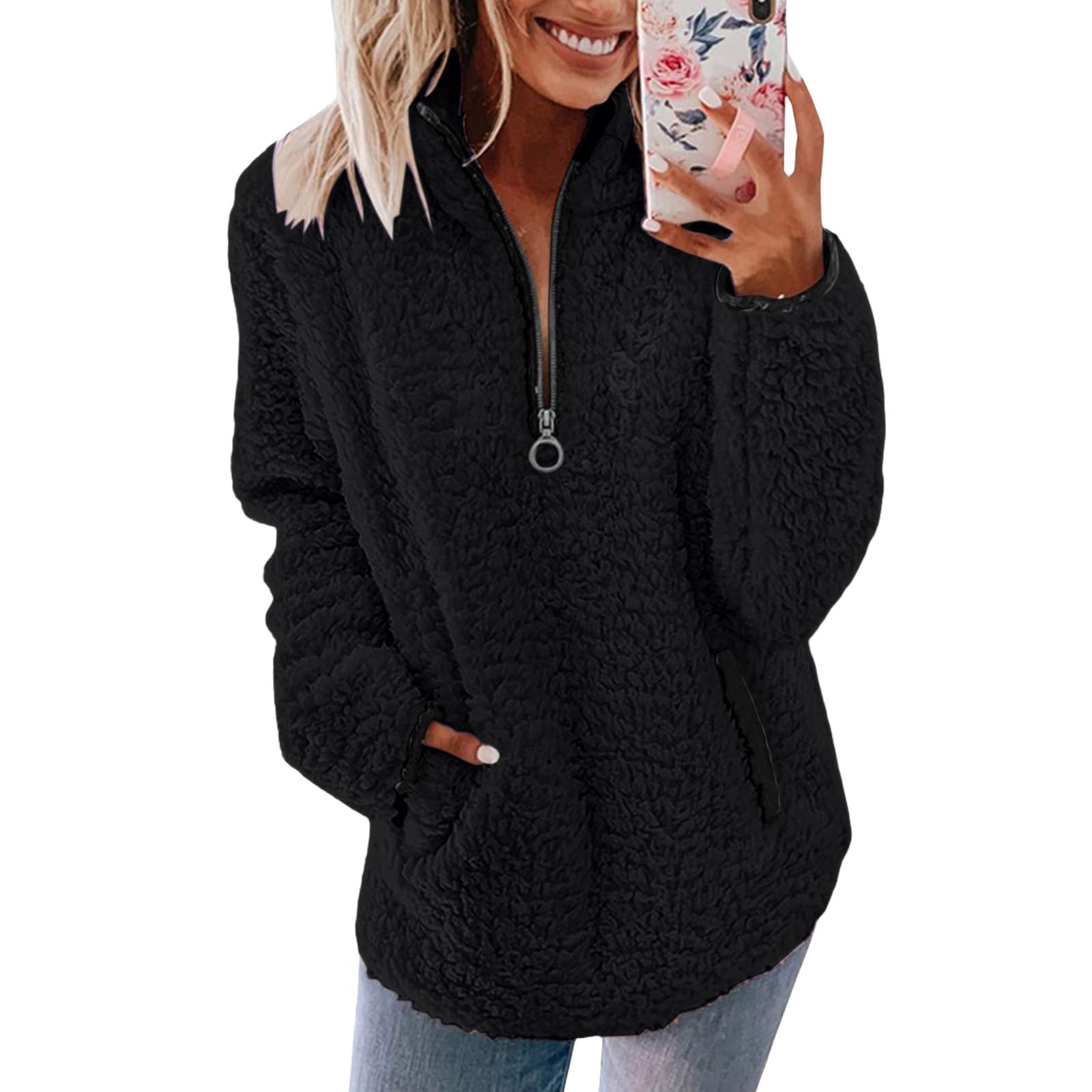 Women Fleece Pullover 1/4 Zip Fluffy Teddy Pullover Sweatshirt Casual Pullover Cozy Coat Tops Autumn Winter Stand Collar Fleece Jacket with Pockets-image-39