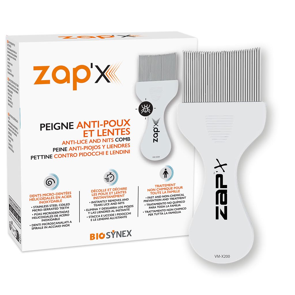 ZAP'X Manual Anti-Lice & Nits Comb - Ergonomic, Stainless Steel, Unisex, Children, 1 Unité (Lot de 1)