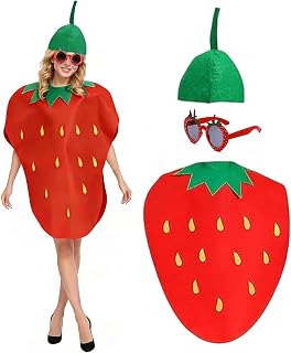 Traje de Fresa para Adultos, Disfraz Divertido de Fruta Ligero y Cómodo, Disfraz para Adultos - Sombrero, Vestido y Gafas, para Halloween, Fiestas Temáticas, Cosplay y Eventos Divertidos