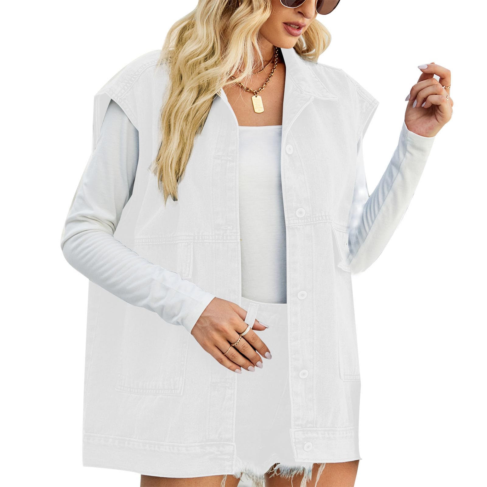 Veste En Jean Sans Manches Femme 2024 – Gilet Court Denim Déchiré Avec Poches – Veste Jeans Boutonnée Lavée – Look Décontracté Tendance Streetwear