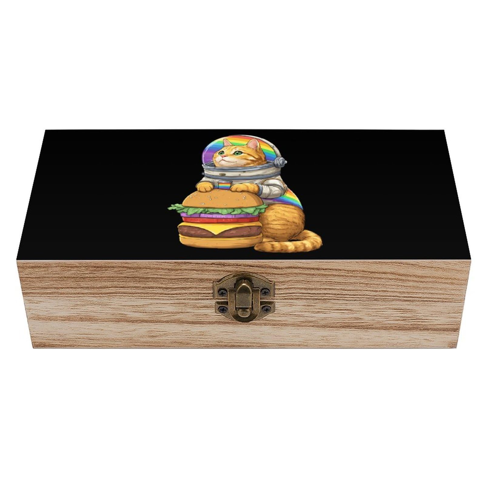 HLBSDM Rainbow Hamburger Astronaut Kitten Spacees Wooden Box with Hinged Lid Decorative Storage Case Container
