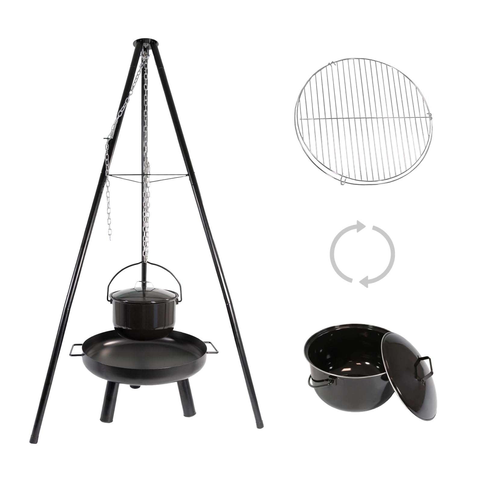 LEMODO Schwenkgrill mit Feuerschale, Dreibein Grill mit Grillrost, Hängegrill mit Gulaschkessel, 3 Bein Grill für BBQ, Grillgestell für Gulaschtopf, Holzkohlegrill mit Zubehör