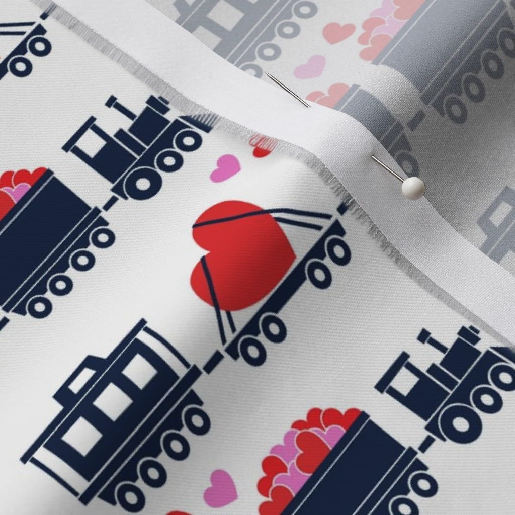 Spoonflower Fabric - Love Train Navy White Trains Heart Toy Boy Valentines Day Cute Printed on Organic Cotton Sateen Fabric by The Yard - Sewing Quilting Apparel Home Decor