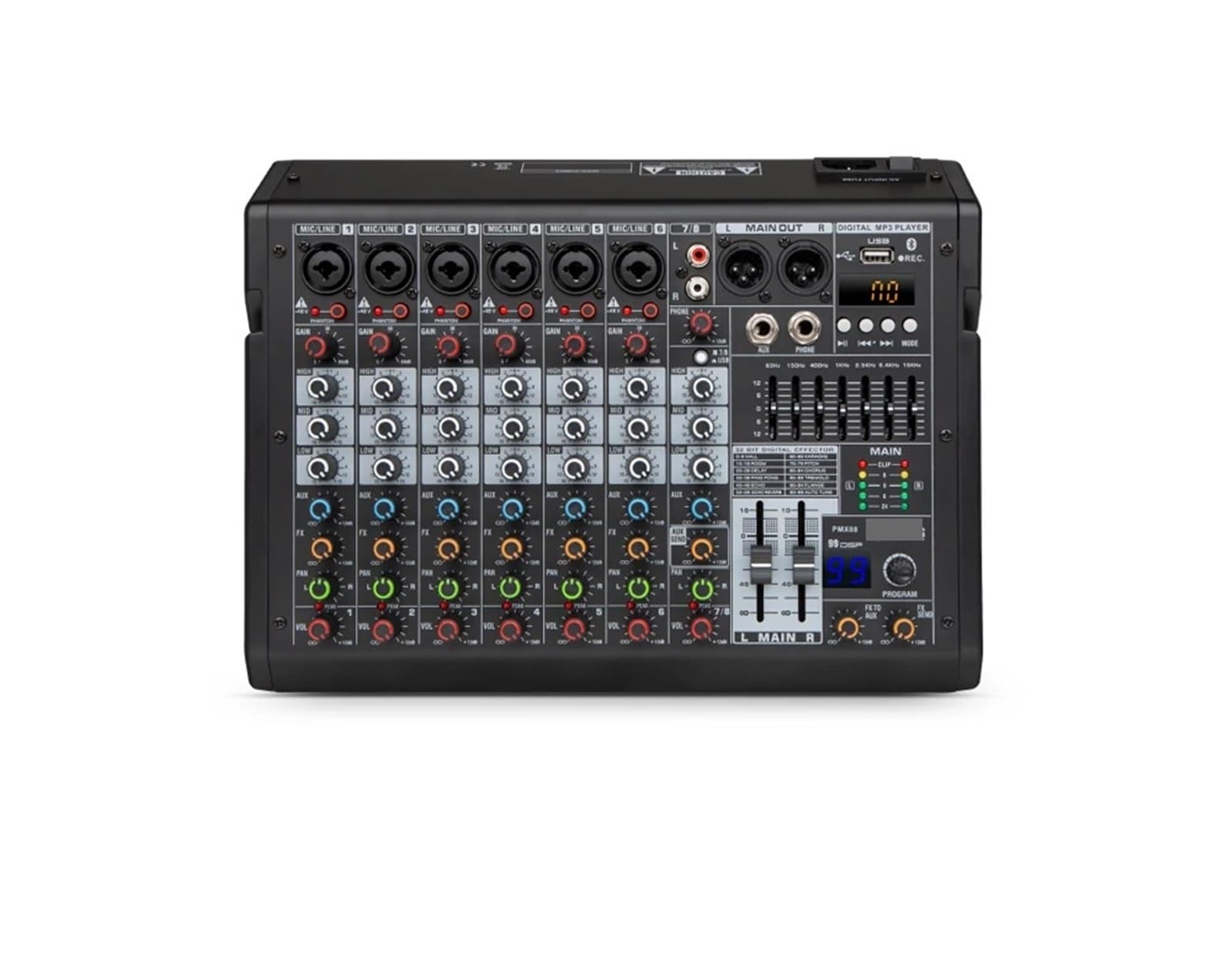 Mixer 99 DSP Digital MP3 Input 48V Phantom Power Supply 7-Stage Equalizer Podcast Recording with Bluetooth(8CHANNEL)