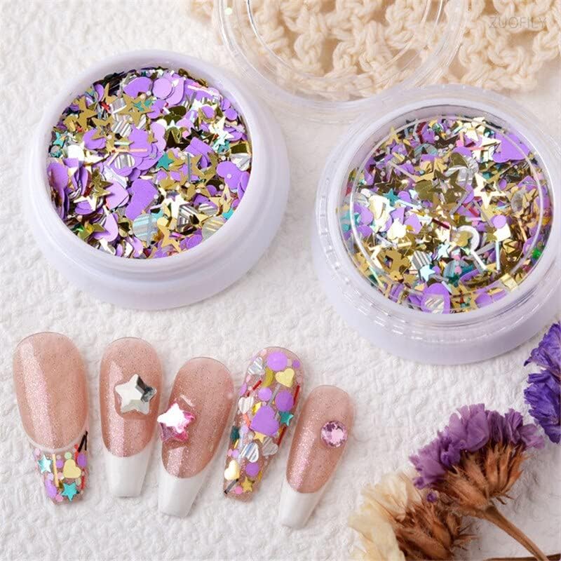 Nail Art Decorations Purple Star Mixed Sequins Heart Round Shape Colorful Multi-Function Glitter Powder Sequins Nail Accessories - (Color: 1 Box)