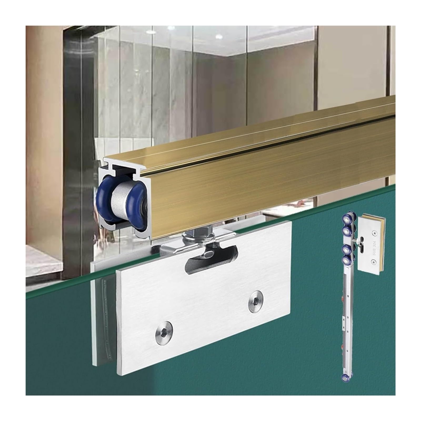 PALSINBY Sliding Glass Door Track Kit, Frameless Sliding Track Barn Shower Door Kit Softclose 8-12mm Glass Sizes(Champagne,17ft/5.2m)