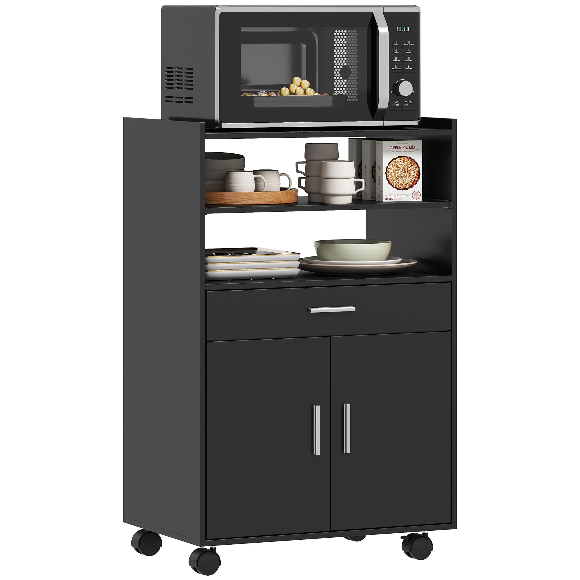 HOMCOM Chariot de Cuisine sur roulettes, 59 x 40 x 92 cm Noir | Desserte Micro-Onde avec Plan de Travail, Étagères Ouvertes, Tiroir, Placard, Meuble de Rangement pour Micro-Ondes