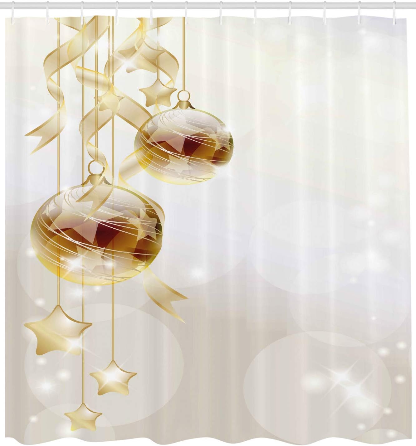 Ambesonne Christmas Shower Curtain, Xmas Balls with Swirled Ribbons and Stars on Modern Abstract Background, Cloth Fabric Bathroom Decor Set with Hooks, 69" W x 70" L, White Yellow