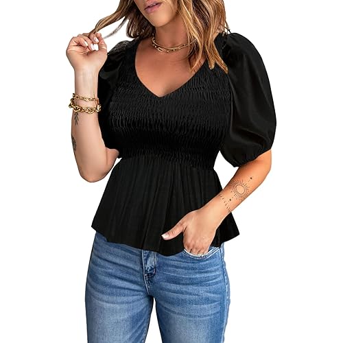 Acelitt Women's Puff Short Sleeve Peplum Top V Neck Smocked Blouses Dressy Shirt