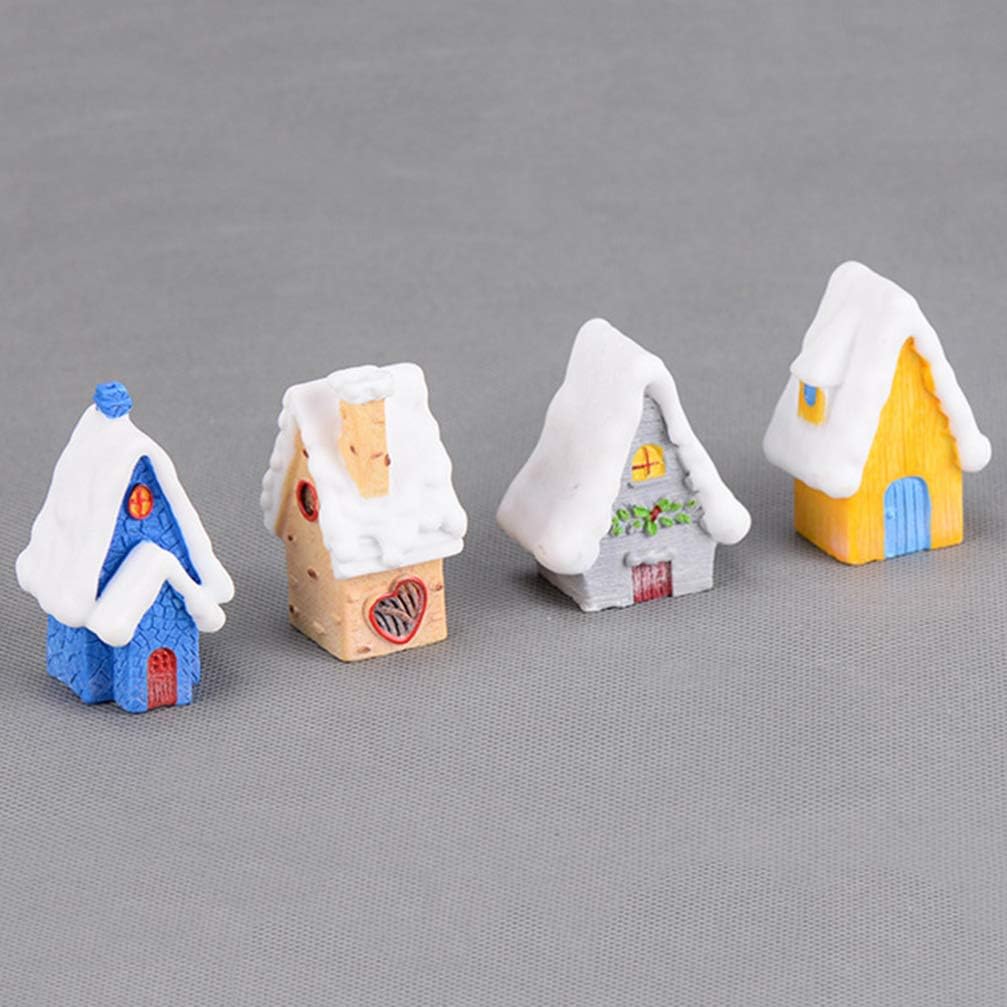 Amosfun 4Pcs Christmas Mini Houses Resin Ornaments DIY Micro Landscape Miniature Snow Scene Fairy Garden Decor