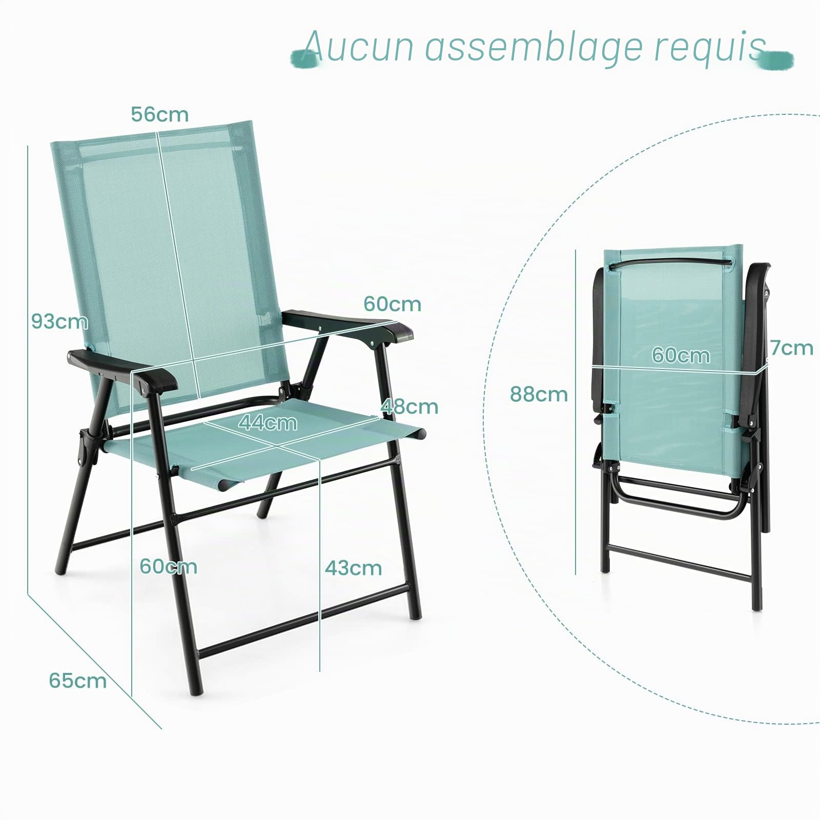 KOMFOTTEU Chaises Pliantes, Chaises de Table à Manger de Jardin, Charge de 150 kg, Chaises d’Extérieur en Tissu avec Dossier, Résistantes aux intempéries, pour Balcon, Patio (Lot de 2, Vert Menthe)