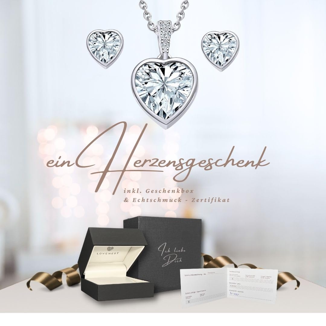 LOVENEST Schmuck Set Damen Silber 925/Rosegold/Gold ZIRKONIA | Herz Schmuckset 3tlg. zum Weihnachten Geburtstag Hochzeitstag | Kette und Ohrringe Set | hochwertiges Geschenk Frau Ehefrau Freundin