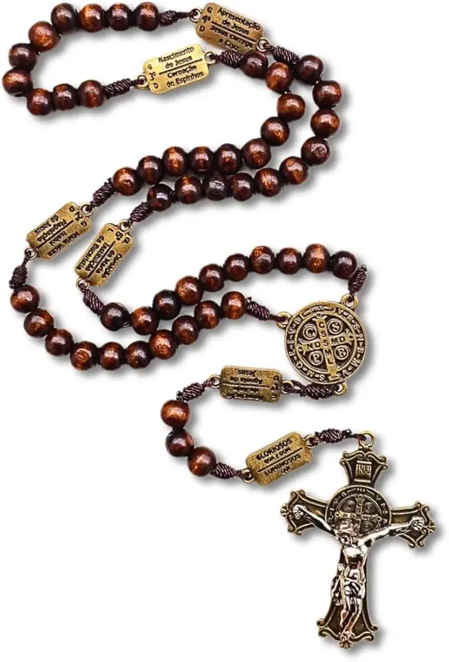 Terço Da Contemplação Dos Mistérios Em Madeira Com Medalhas De São Bento Grande 10mm Marrom