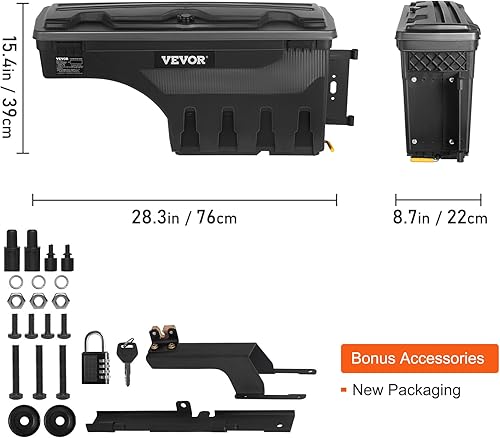 Miniatura 7 de VEVOR Truck Bed Storage Box, Complete Bolt Accessory Kit, Lockable Swing Case with Password Padlock, 6.6 Gal25 L ABS Wheel Well Tool Box, Compatible