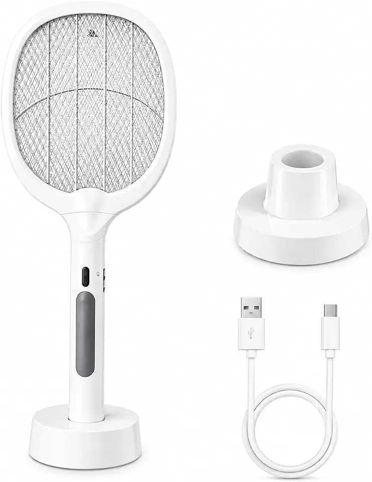 Raquete Elétrica Mata Mosquito 3000V com Luz UV, Função Abajur, Base de Apoio e Bateria Recarregável USB-C, Segura e Sem Produtos Químicos