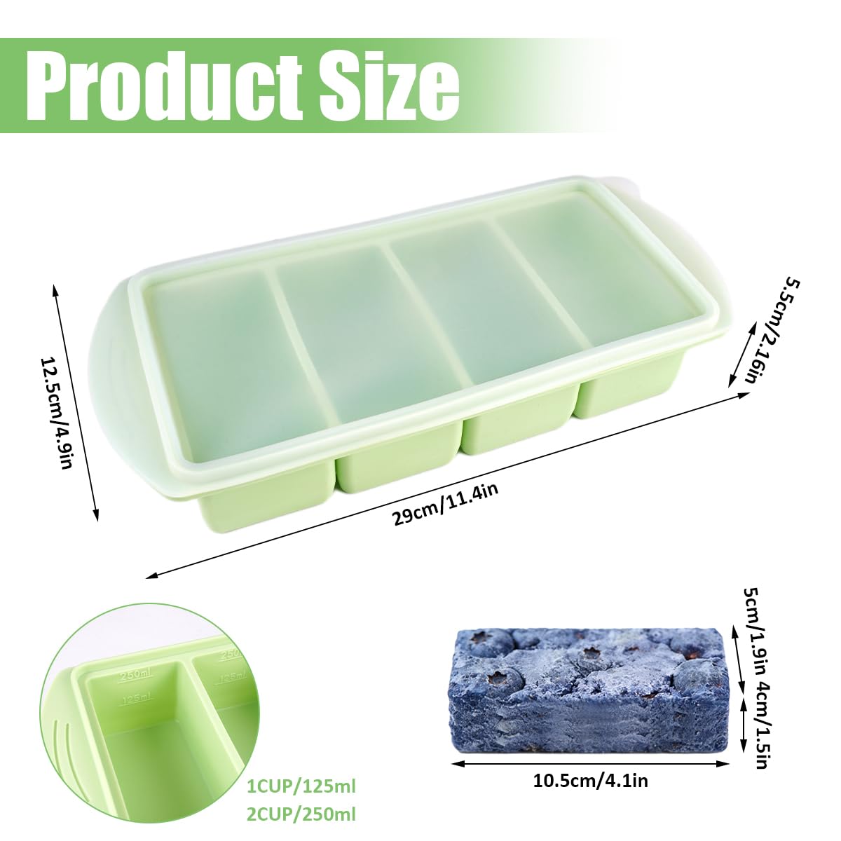 Silikonowa forma do zamrażania z pokrywką, 4 przegródki po 250 ml (łącznie 1000 ml), pojemnik do zamrażania zupy, silikonowa forma do zamrażania, Sup-pe, Ice Cube, bulionu, sosu lub masła (zielona)
