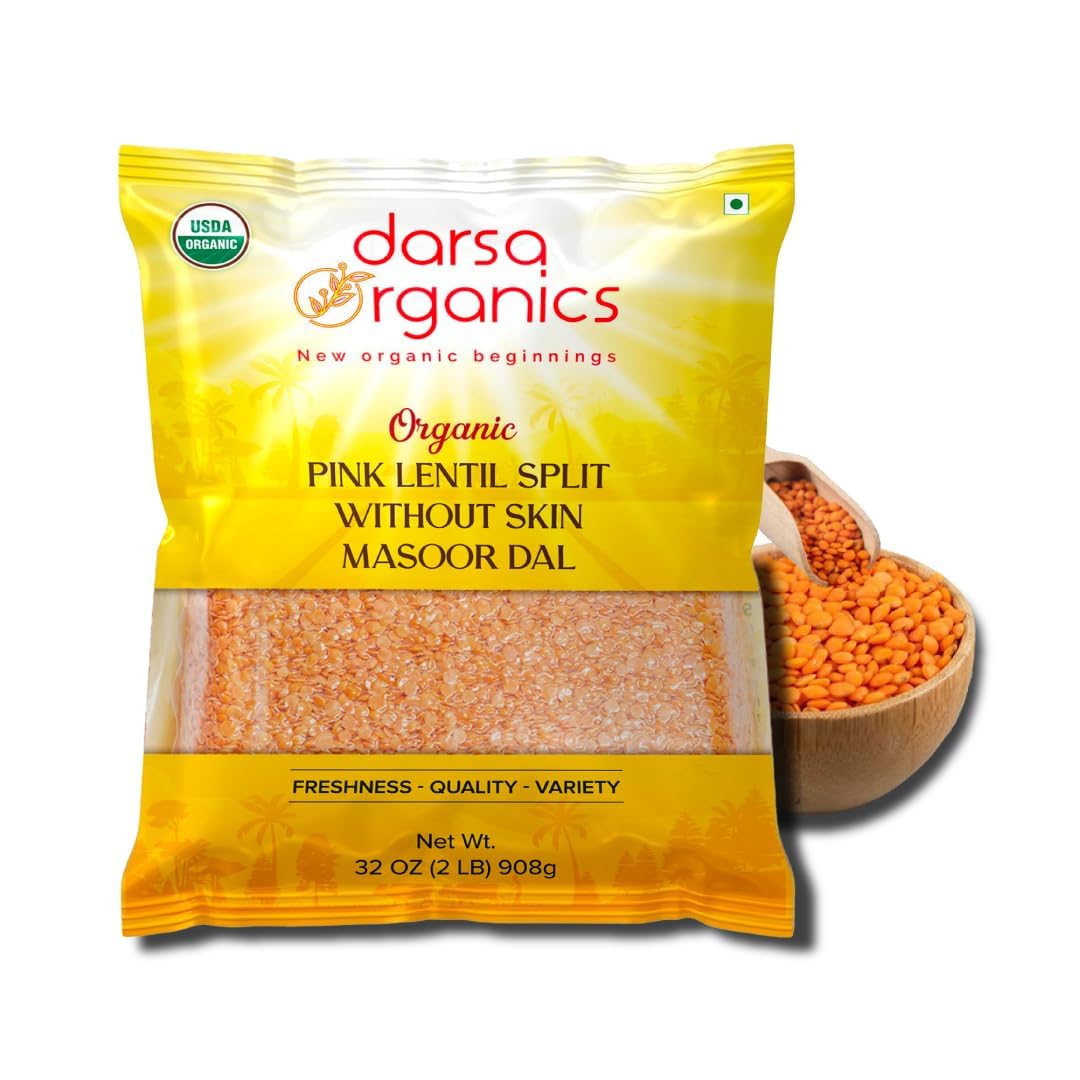 Darsa Organics Split Red Lentils (Masoor Dal) 2 lb |USDA Organic, Non-GMO, Vegan, Kosher| Rich in Protein & Fiber | Great for Soups, Salads & Curries