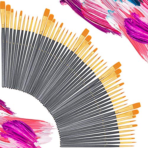 Pinceau de Peinture,Sets de Pinceaux of 50 Pinceau de Gouache pour Aquarelle Huile Acrylique Artisanat Dessin pour Bricolage Adolescents Enfants Nylon Noir
