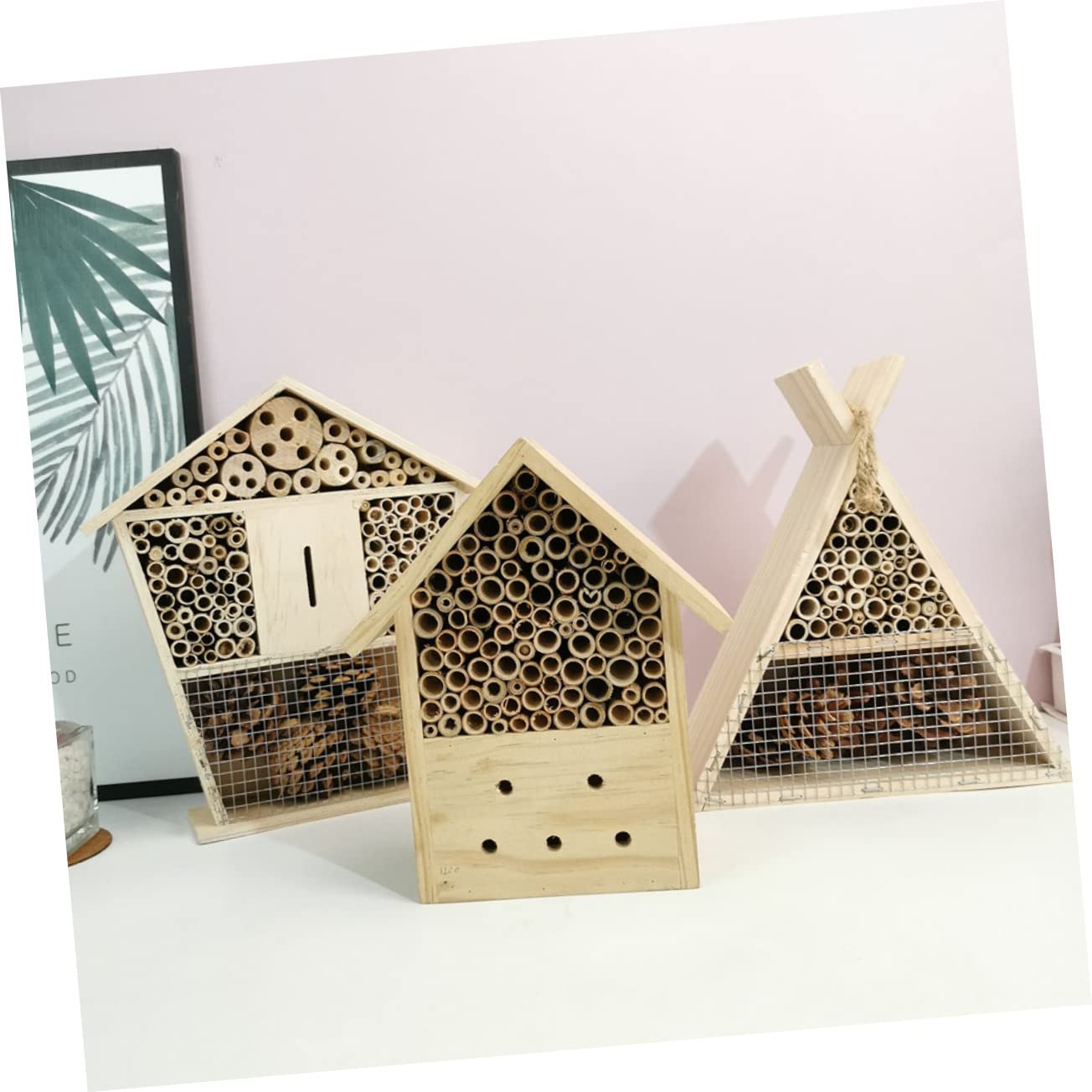 Casetta Insetti Impollinatori 2 Pezzi in Legno Stile Capanna | Khaki, Rifugio per Svernamento e Riproduzione, per Giardino e Uso Esterno