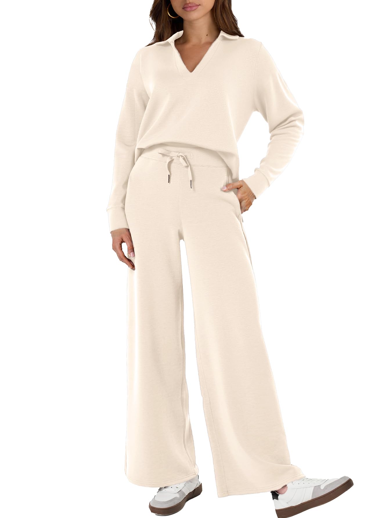 2-Piece Sweatsuit for Women, Casual, Long-Sleeved Polo Top and Wide-Leg Pants, Matching Set