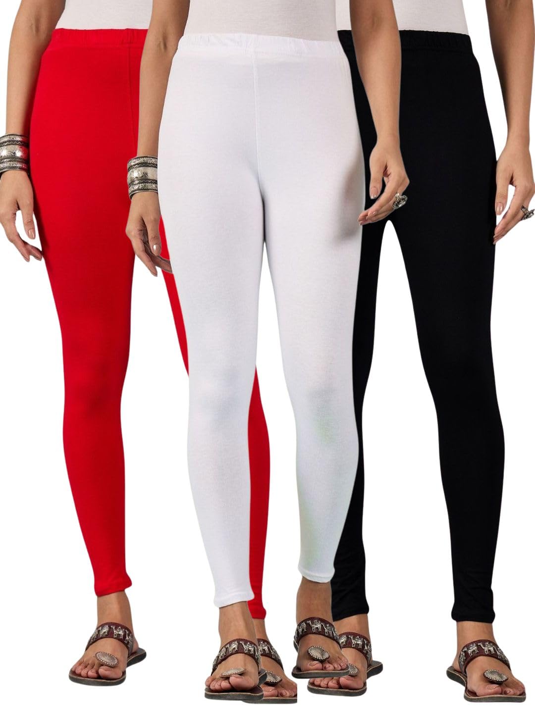 dimpy garments Pure Cotton Plain/Solid Black Red White Women Ankle Length Leggings-Pack of 3-picture-42