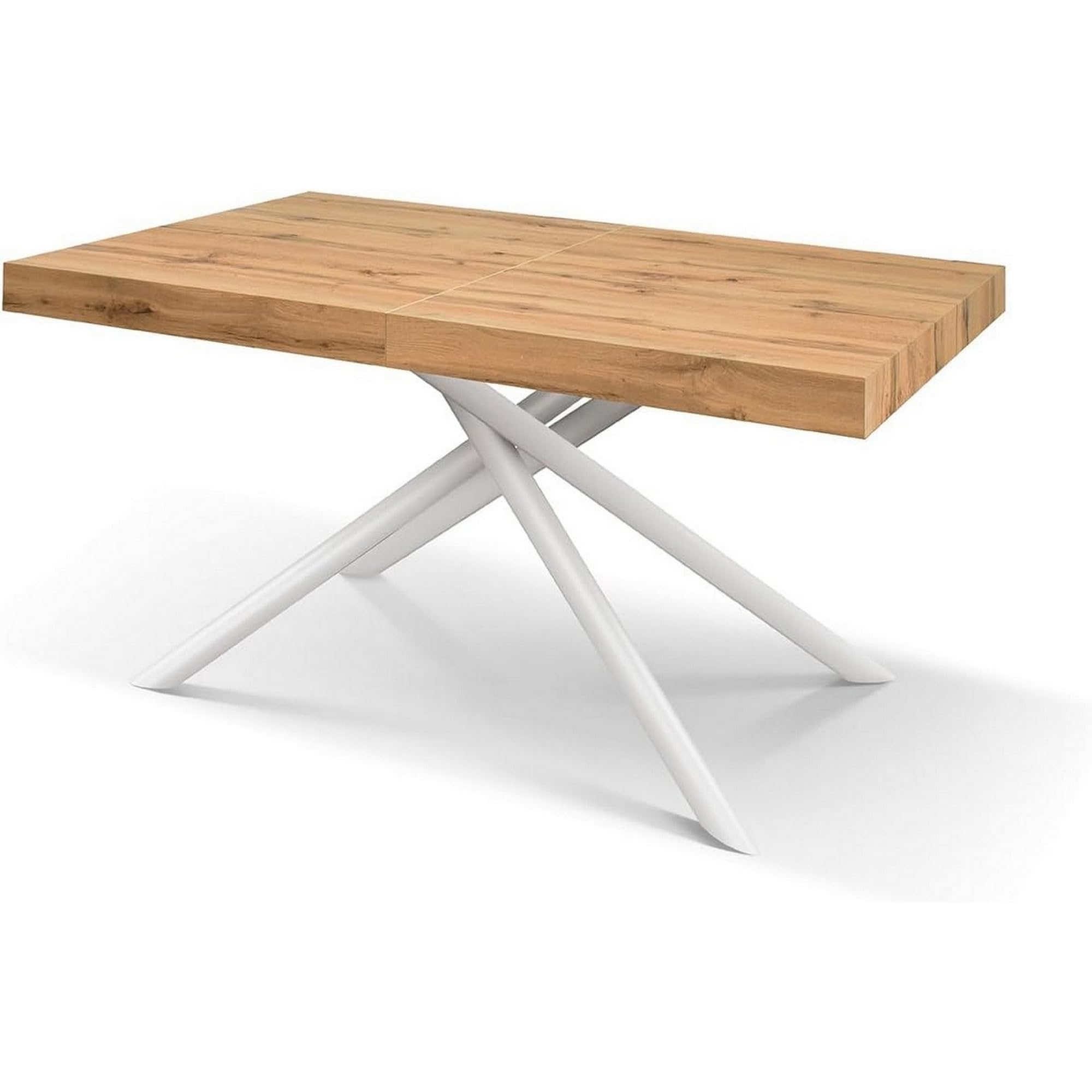 KONTE.DESIGN Mesa Carrara de Madera, Acabado Roble rústico y Base de Metal Pintado Blanco, Extensible 160x90 cm - 240x90 cm