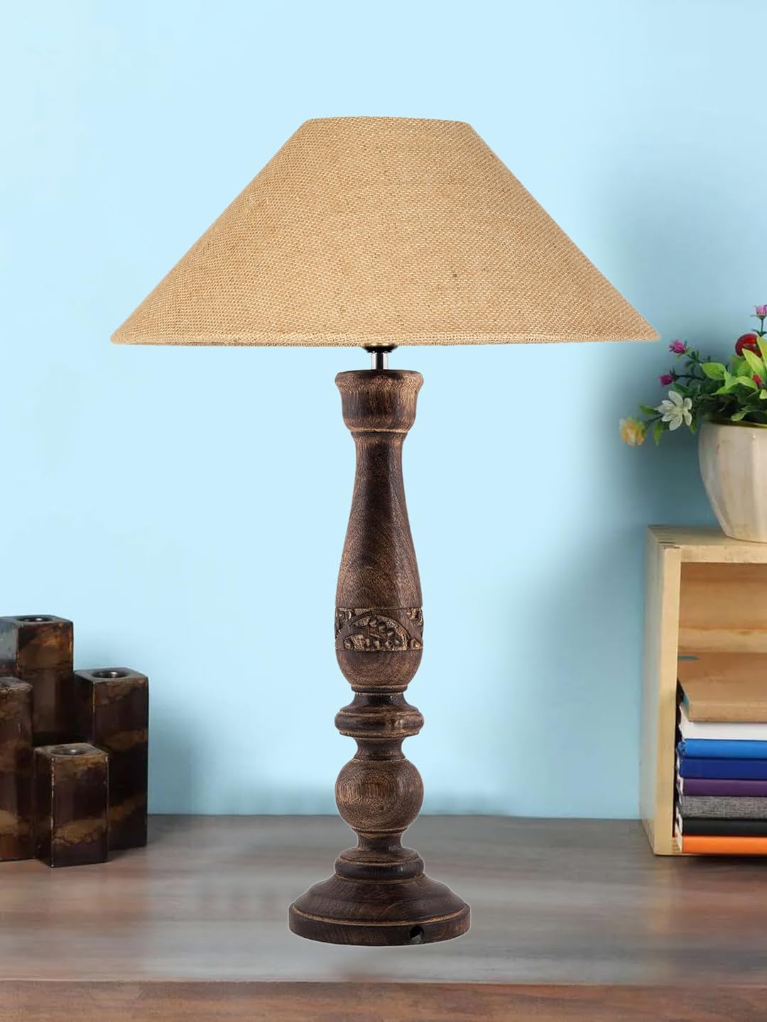 Devansh Coolie Beige Jute Shade Lamp with Wood Base for Decoration/Office/Home/Gifting/Study for Office/Home/Gifting -(13x13x21) Inches -