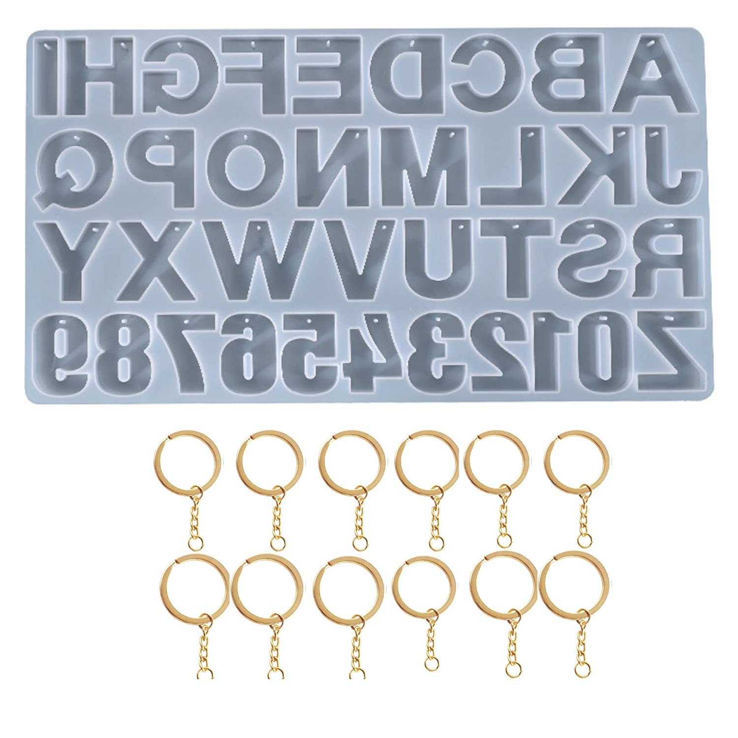 SNOOGG® Alphabet Resin Casting Mold, DIY Key Chain, Pendant, Molds for Resin. with Built in Hole Enabler with 12 pc Gold Key Chain Ring