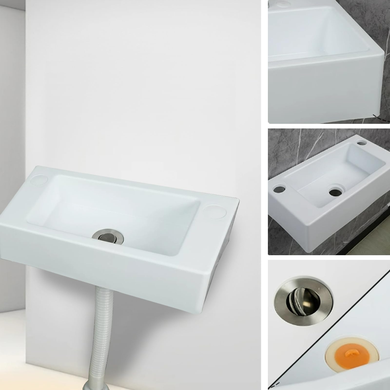 Fregadero rectangular simple, pequeño lavabo blanco, lavabo de plástico montado en la pared, blanco, apto para uso en interiores y exteriores [tubo de drenaje de cabeza de plástico de 75 cm]