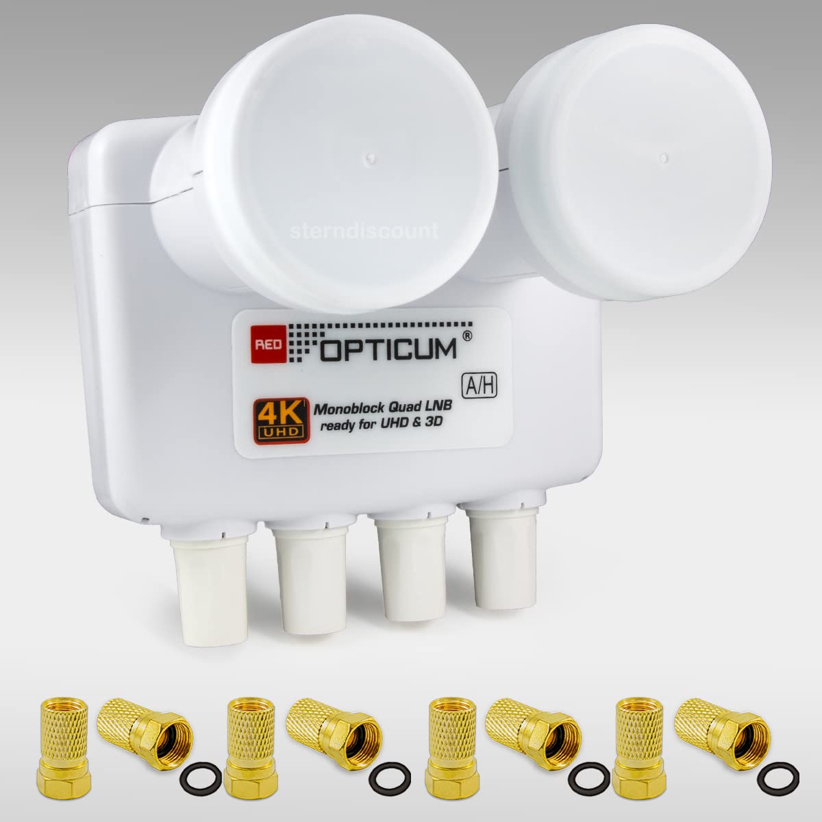 Opticum Monoblock Quad LNB LMQP für 4 Teilnehmer, 2 Satelliten Astra 19.2 + Hotbird 13 Empfang - digital Doppel Sat LMB Kopf Mono-Block 0.1dB Full HD, 4K, 8K, UHD + 8 F-Stecker gratis Sterndiscount