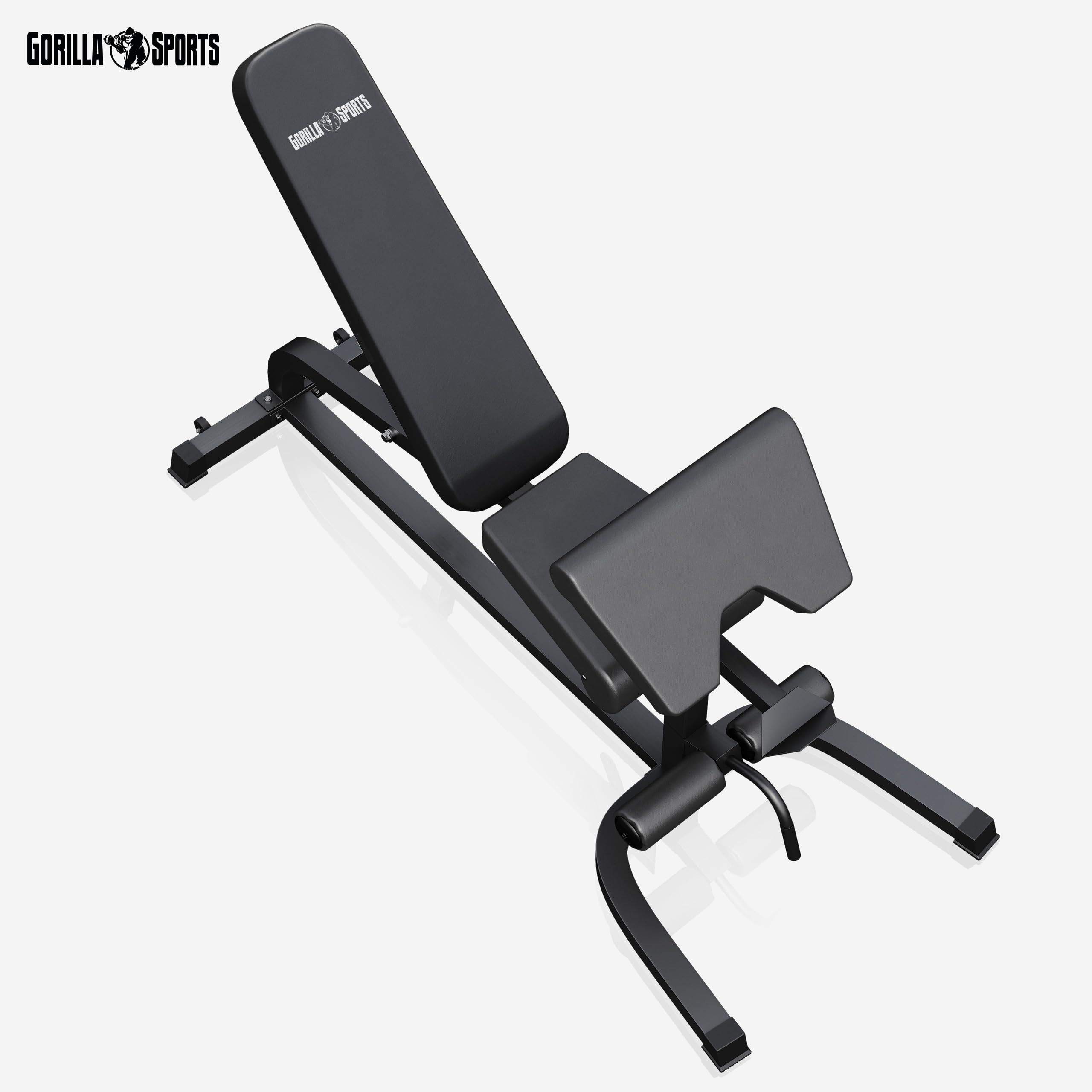 GORILLA SPORTS® Hantelbank, 13-fach Rücken, 4-fach Sitz, bis 200 kg | Mit Curlpult, Hantelablage, Beinstrecker, Beinbeuger und Rastbolzen; Schrägbank, Negativbank, Flachbank, Fitnessbank