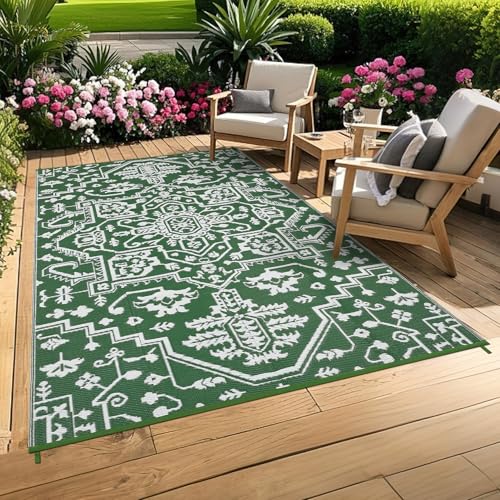 GarveeHome 8x10 Outdoor Rugs Vintage Medal Reversible Plastic Straw Rug UV Resistant Non Shedding Camping Carpet Fold Portable Outside Carpet Mat for