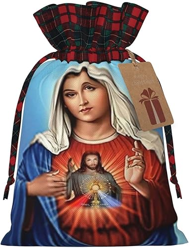 WayGoTee Our Lady Of Guadalupe - Bolsa de Navidad con cordón de Navidad, bolsa de arpillera a cuadros de búfalo, bolsa de lino para golosinas,
