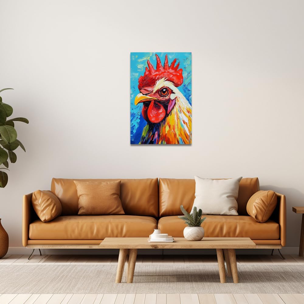 ZQQART Rooster Canvas Wall Art Funny Chicken Portrait Picture Prints Rustic Animal Painting Artwork Farmhouse Kitchen Decor Framed(Red,24.00" x 36.00")