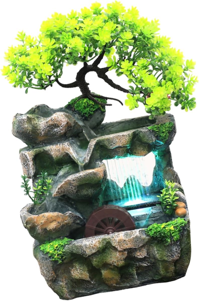 Mobestech Indoor Water Fountain Tabletop Waterfall Decor Mini Resin Water Feature LED Lights for Zen Meditation Relaxation for Home and Office