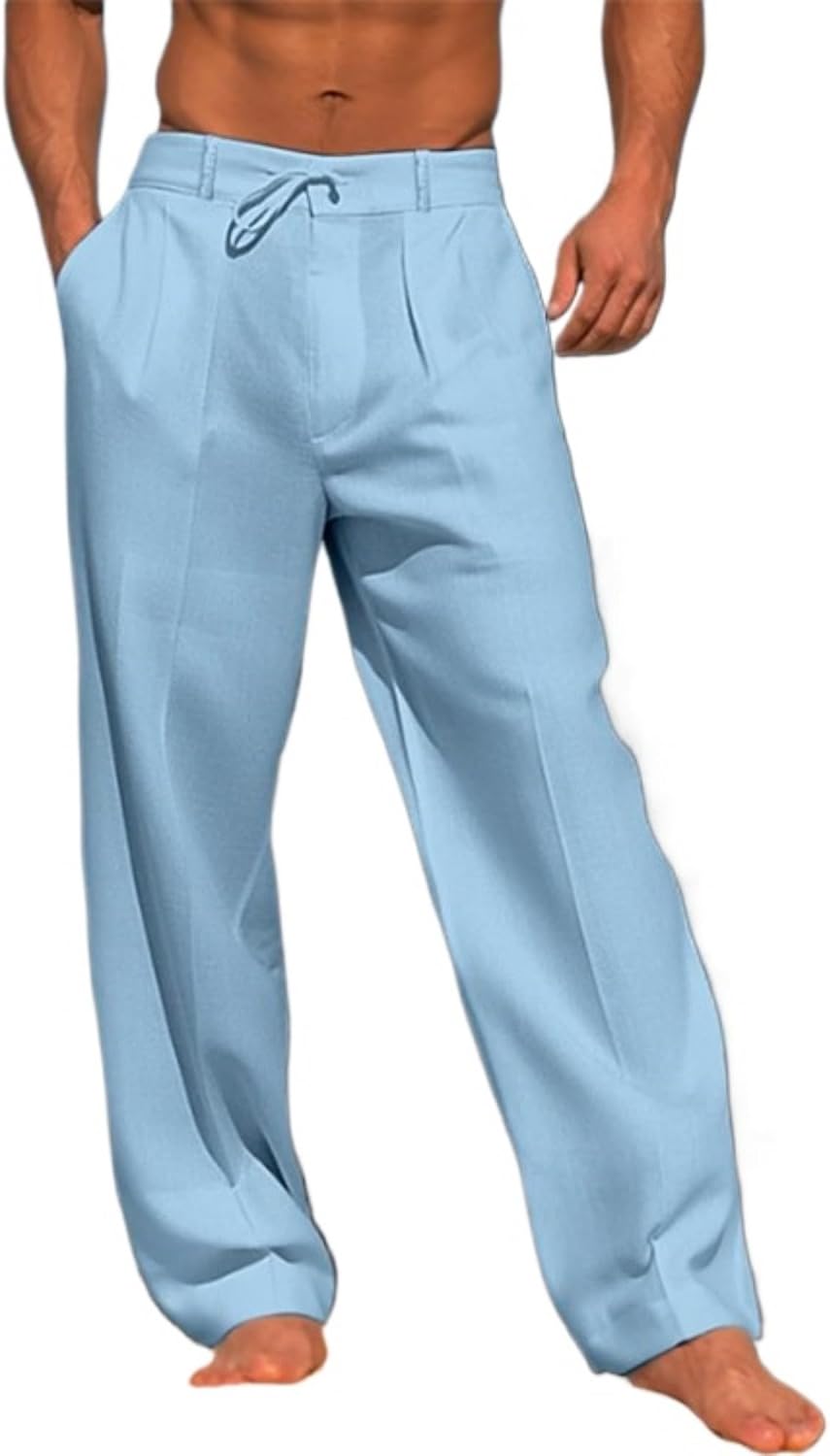 Men Solid Casual Straight Beach Pants Comfy Breathable Loose Daily Pant Fall Basic Vacation Linen Trousers
